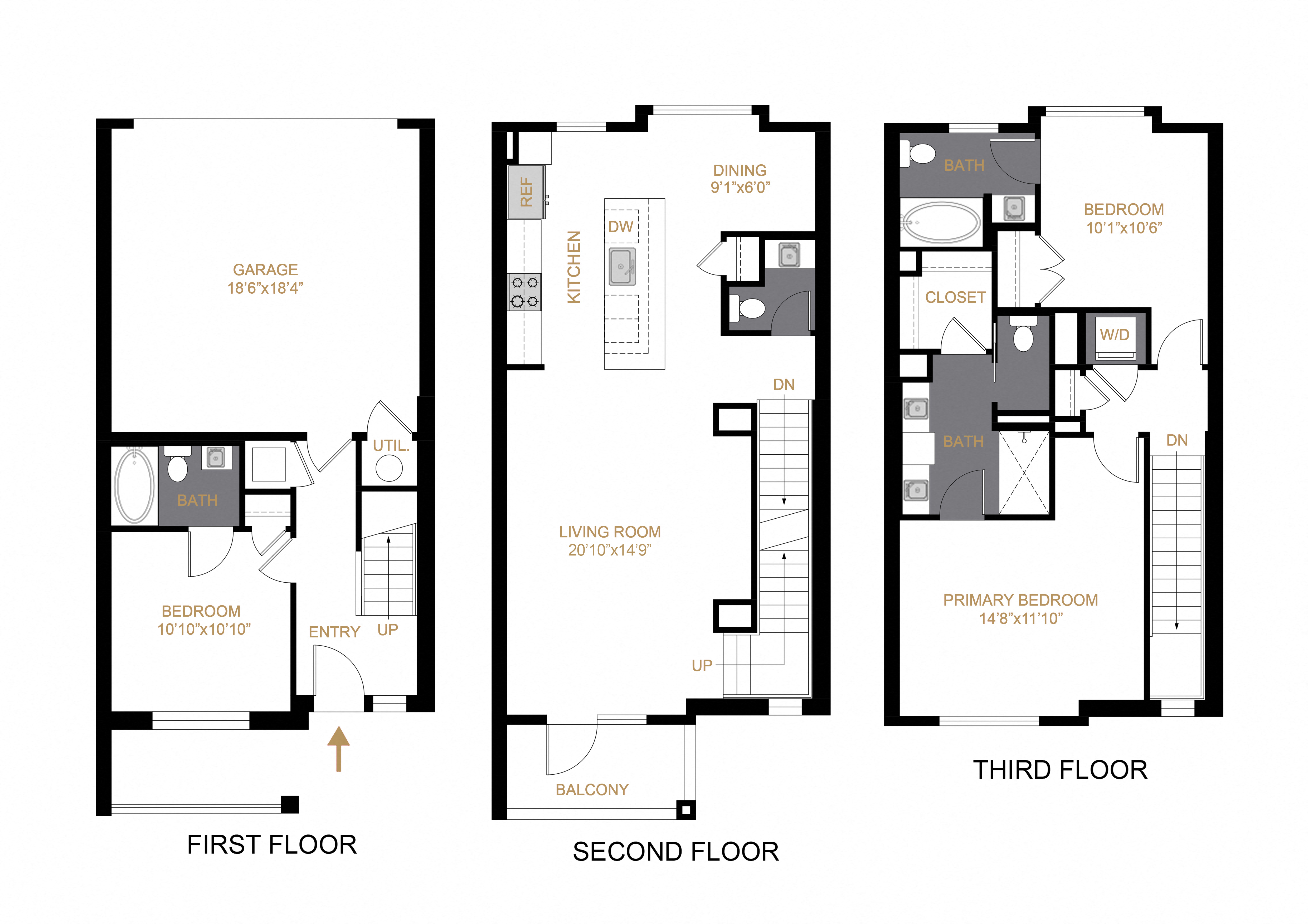 Floor plan for 3 beds, 3.5 baths, 2151 sqft